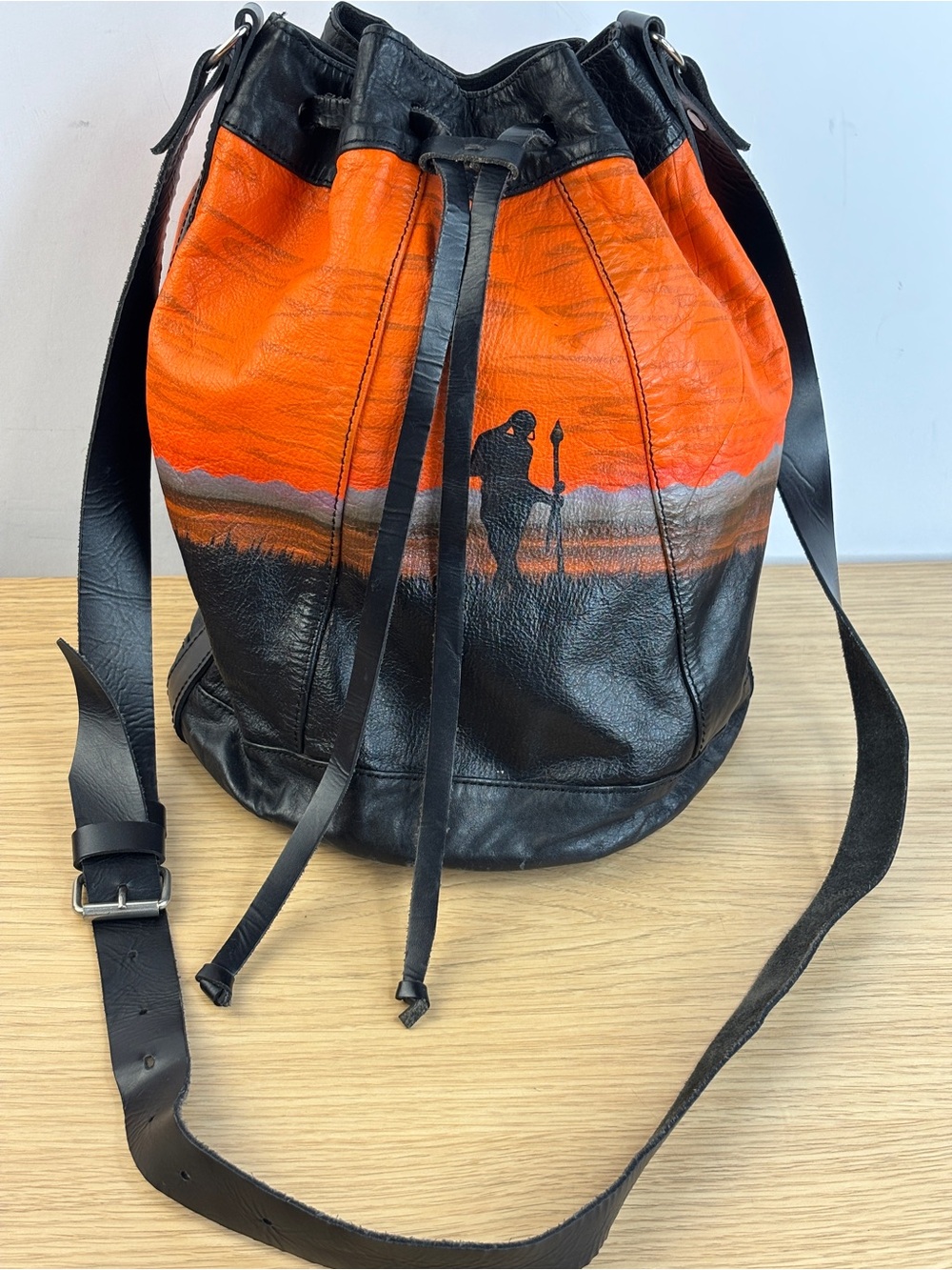 Vintage Handpainted Leather Drawstring Bucket Bag in Black and Orange W/ Indian